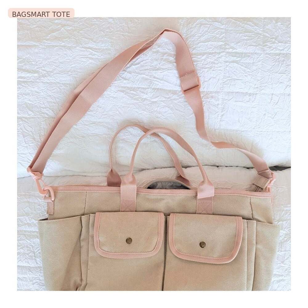 BAGSMART Beige & Blush Pink Canvas Tote Bag | Crossbody Shoulder Bag with Pocket